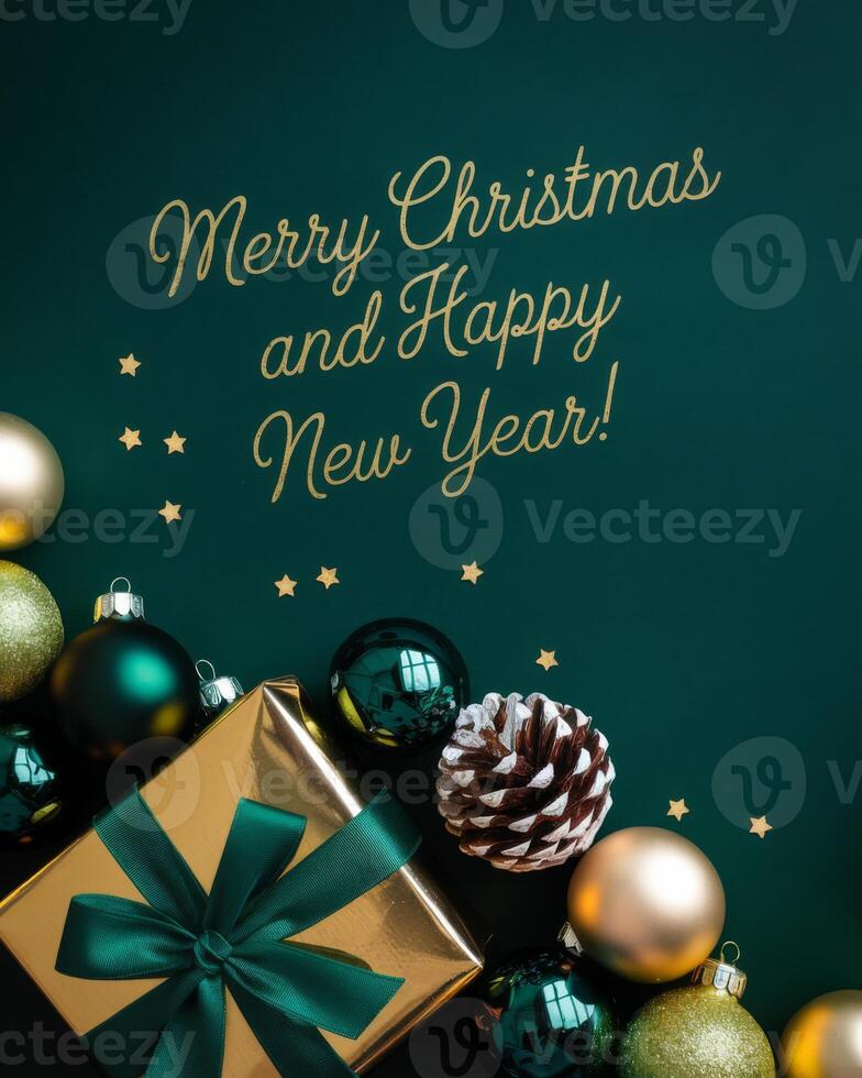 Dark Green and Gold Christmas Arrangement with Gift Box and Baubles on Dark Green Background. Elegant, Festive Christmas Banner, Template, Copy Space, Social Media Post photo