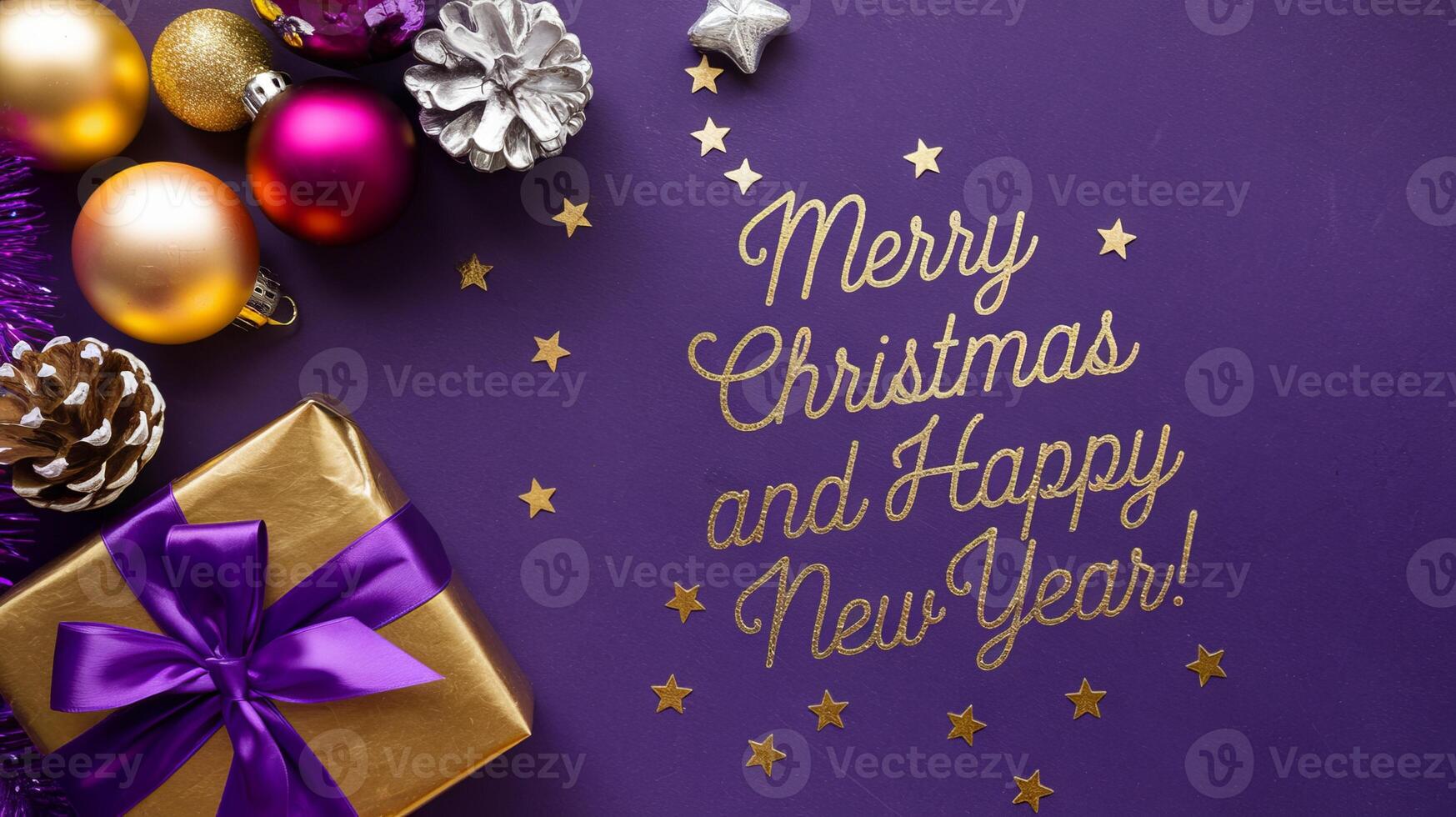 Purple and Gold Christmas Arrangement with Gift Box and Baubles on Purple Background. Elegant, Festive Christmas Banner, Template, Copy Space, Social Media Post photo