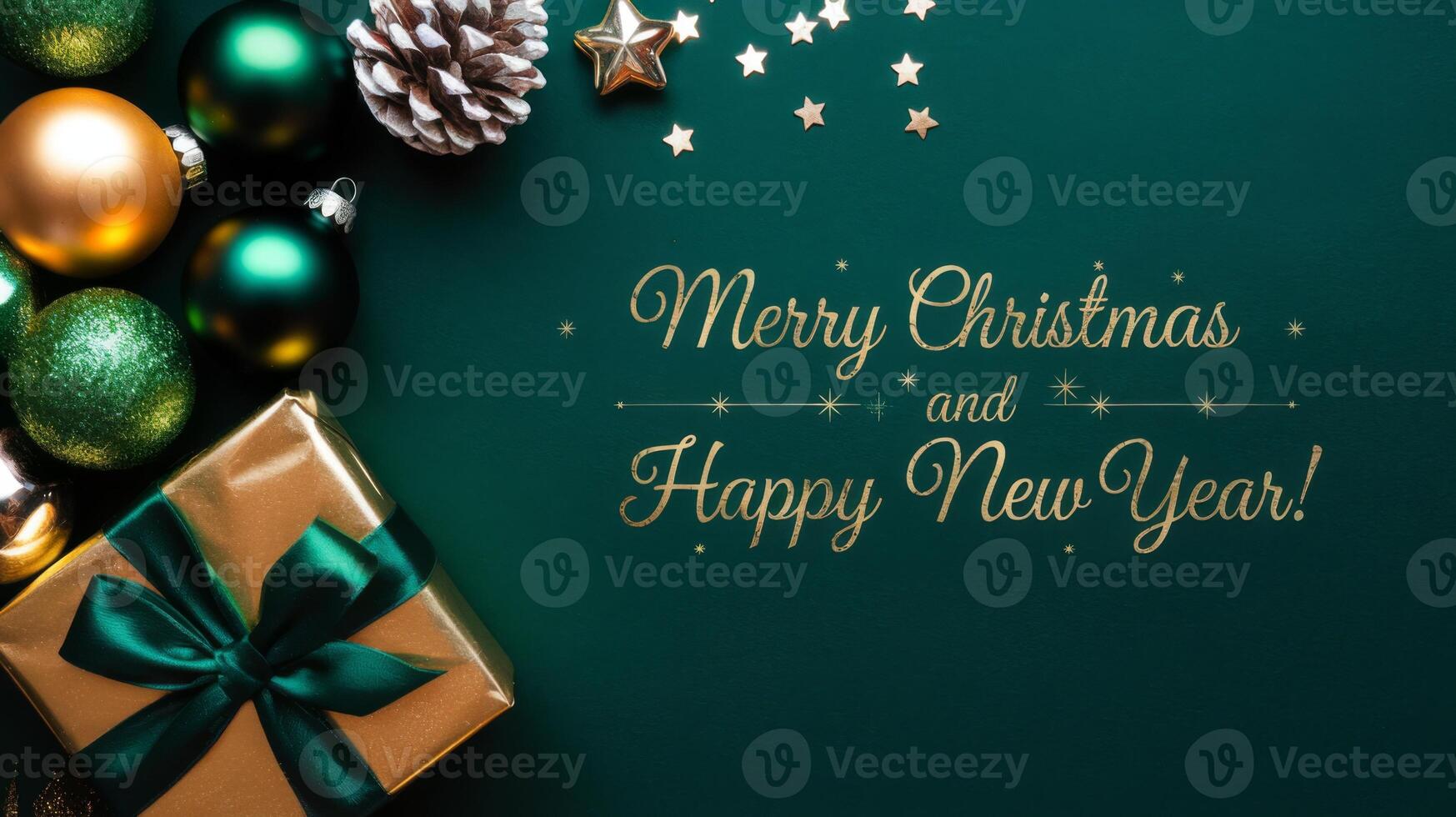 Dark Green and Gold Christmas Arrangement with Gift Box and Baubles on Dark Green Background. Elegant, Festive Christmas Banner, Template, Copy Space, Social Media Post photo