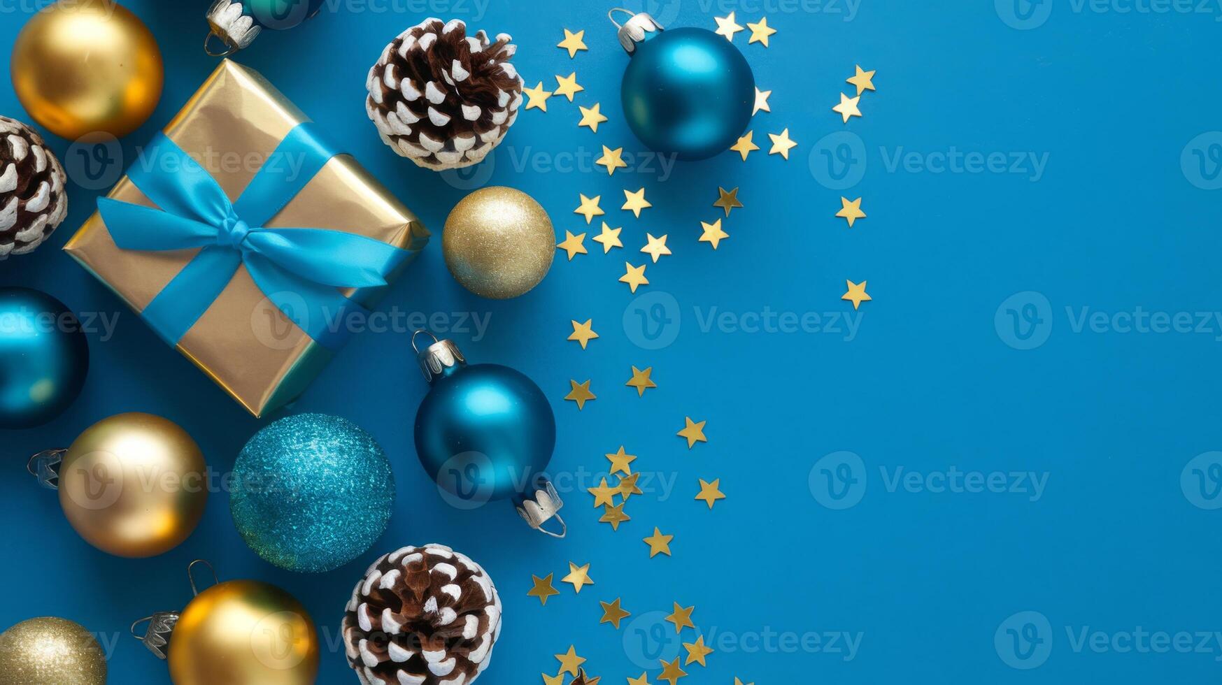 Light Blue and Gold Christmas Arrangement with Gift Box and Baubles on Light Blue Background. Elegant, Festive Christmas Banner, Template, Copy Space, Social Media Post photo