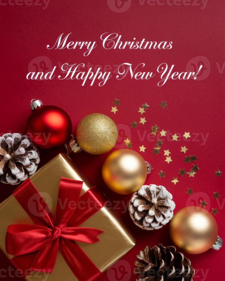 Red and Gold Christmas Arrangement with Gift Box and Baubles on Red Background. Elegant, Festive Christmas Banner, Template, Copy Space, Social Media Post photo