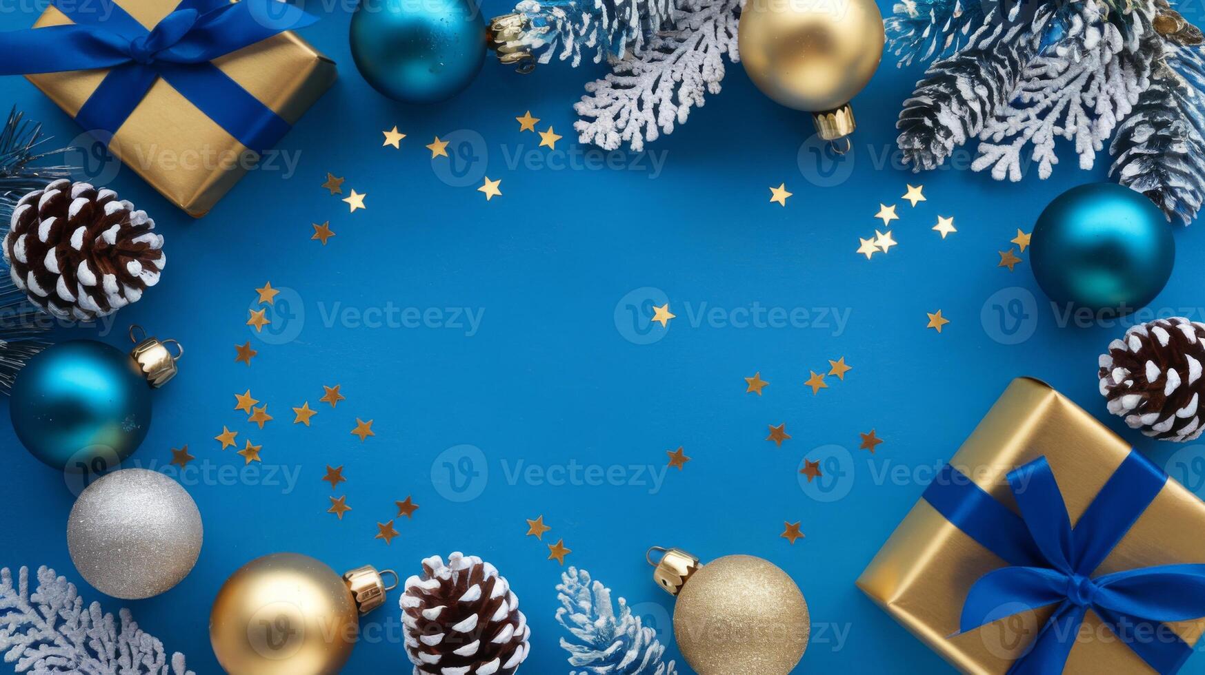Light Blue and Gold Christmas Arrangement with Gift Box and Baubles on Light Blue Background. Elegant, Festive Christmas Banner, Template, Copy Space, Social Media Post photo