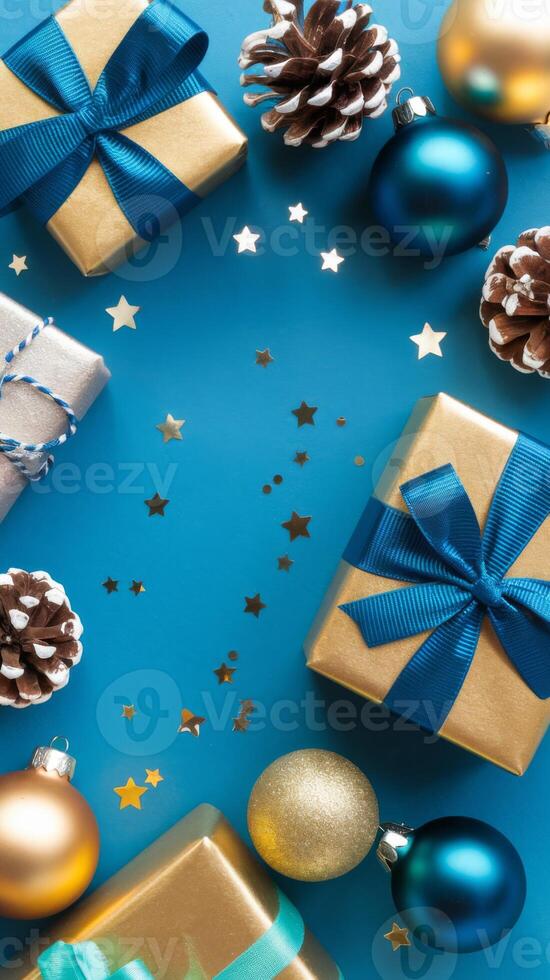 Light Blue and Gold Christmas Arrangement with Gift Box and Baubles on Light Blue Background. Elegant, Festive Christmas Banner, Template, Copy Space, Social Media Post photo