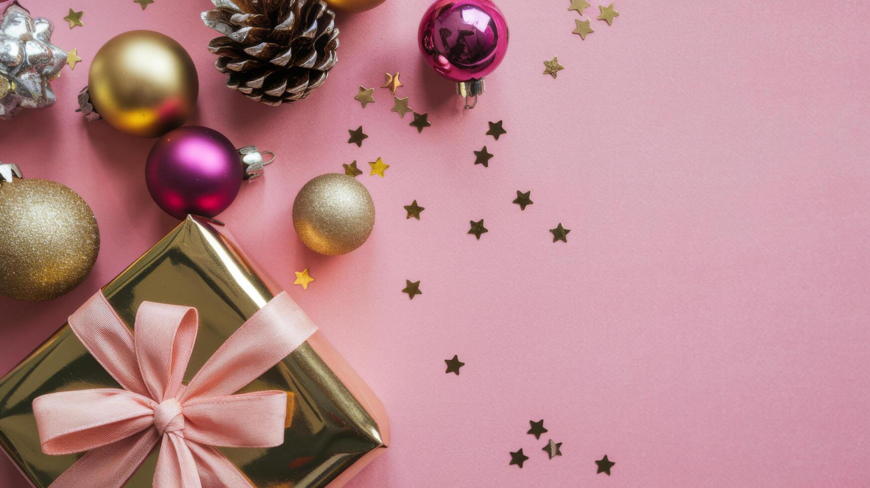 Pink and Gold Christmas Arrangement with Gift Box and Baubles on Pink Background. Elegant, Festive Christmas Banner, Template, Copy Space, Social Media Post photo