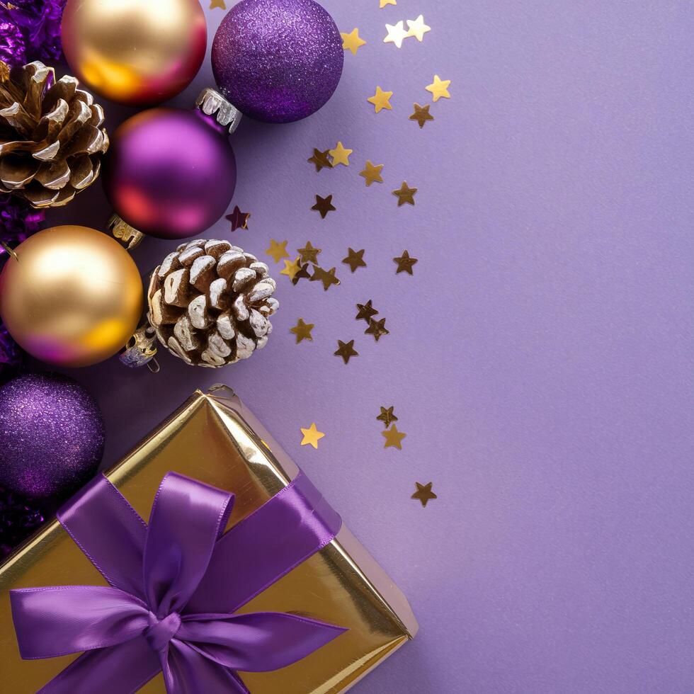 Purple and Gold Christmas Arrangement with Gift Box and Baubles on Purple Background. Elegant, Festive Christmas Banner, Template, Copy Space, Social Media Post photo
