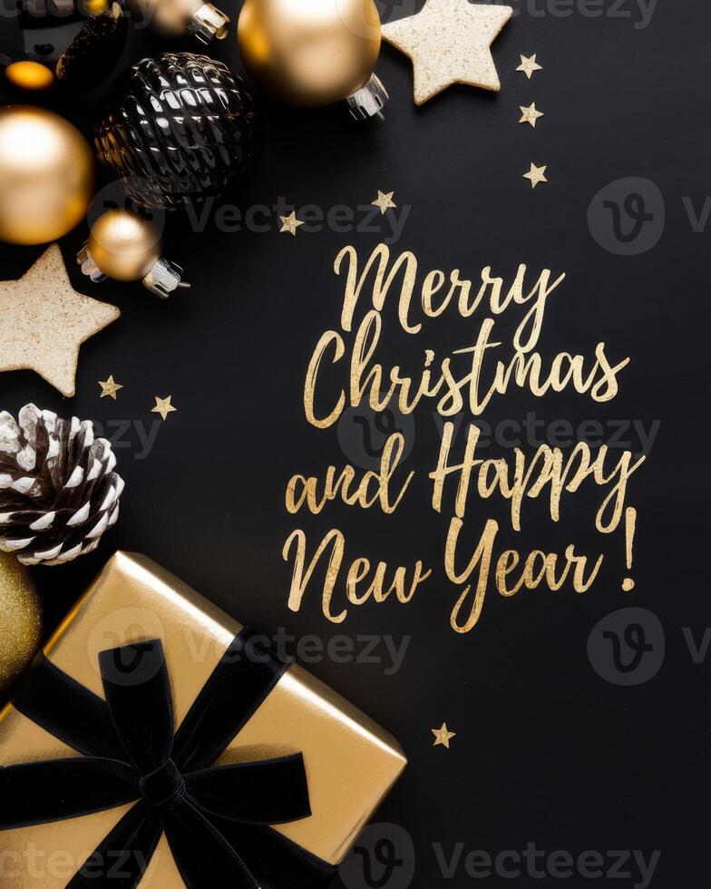 Black and Gold Christmas Arrangement with Gift Box and Baubles on Black Background. Elegant, Festive Christmas Banner, Template, Copy Space, Social Media Post photo