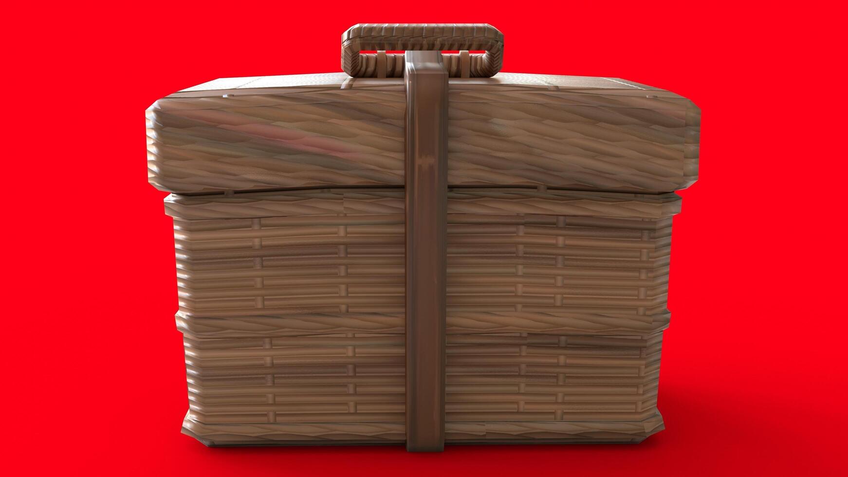 wooden box with leather belt with red background photo