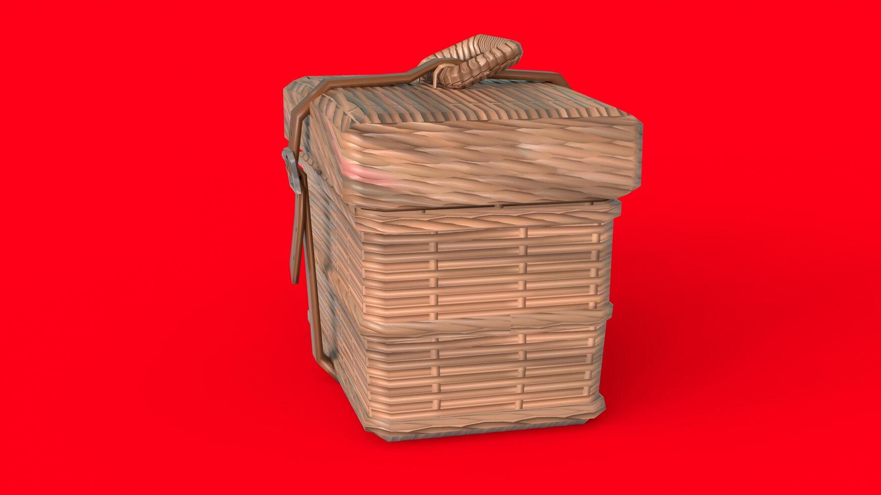 wooden box with leather belt with red background photo