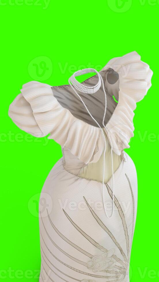 white ladies evening dress with green background photo