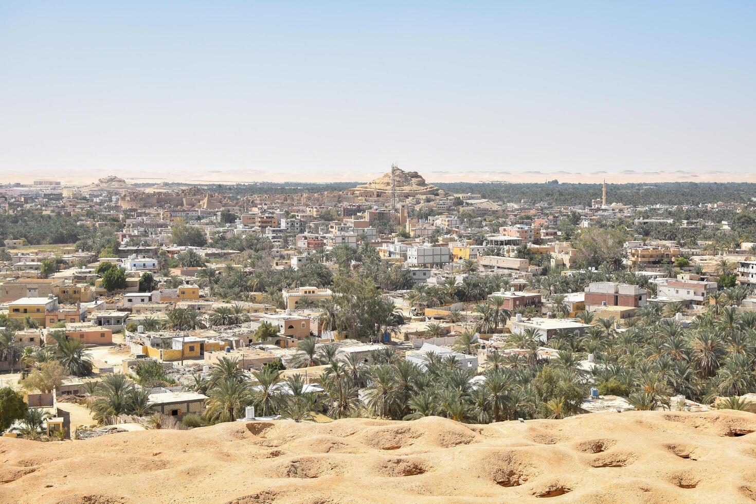 lanscape view of siwa egypt with date palm groves, oasis and vast desert from above the mountain of the dead at sunny day photo