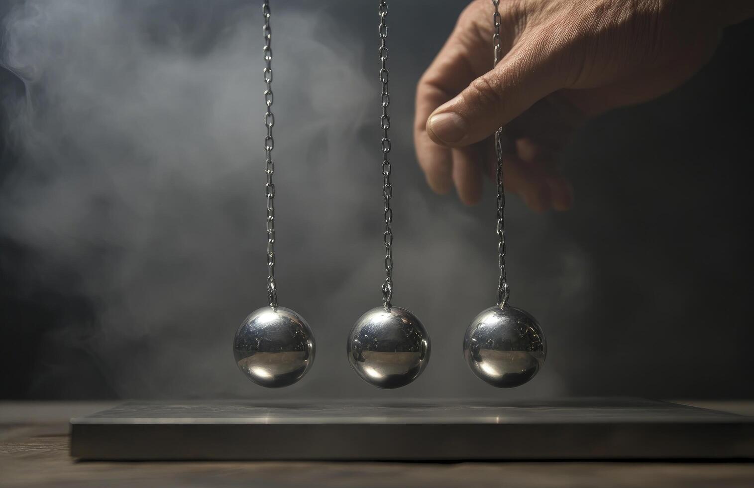 A hand is holding three balls that are suspended by chains. The balls are silver and appear to be in motion. photo