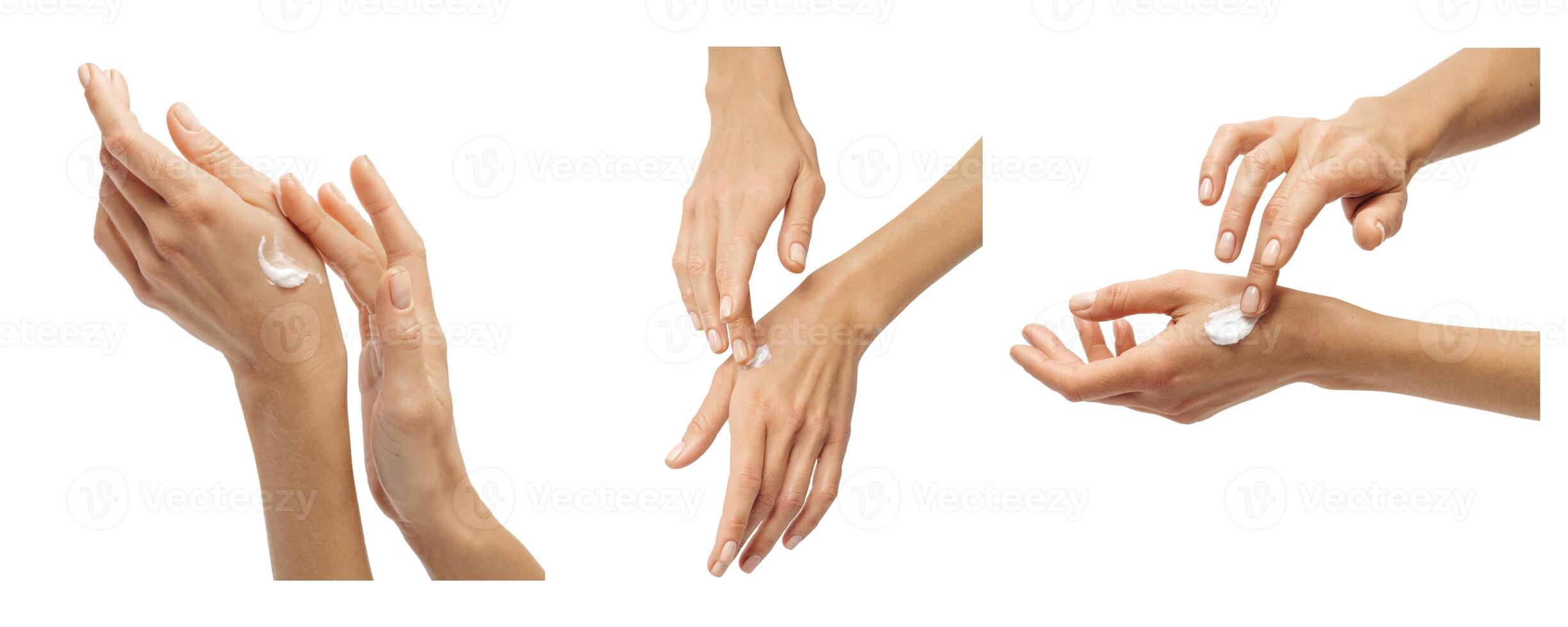 female hands apply cream one on top of the other on a white background collage of three photos