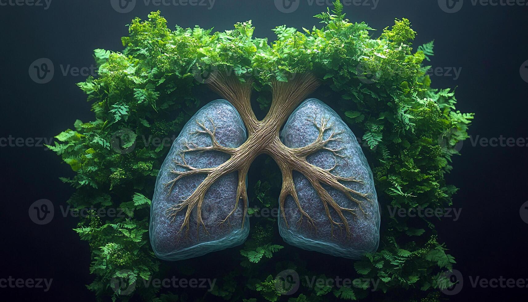 Human lungs designed with green vegetation, symbolizing health and the need to stop smoking. It emphasizes the connection between breathing and nature photo