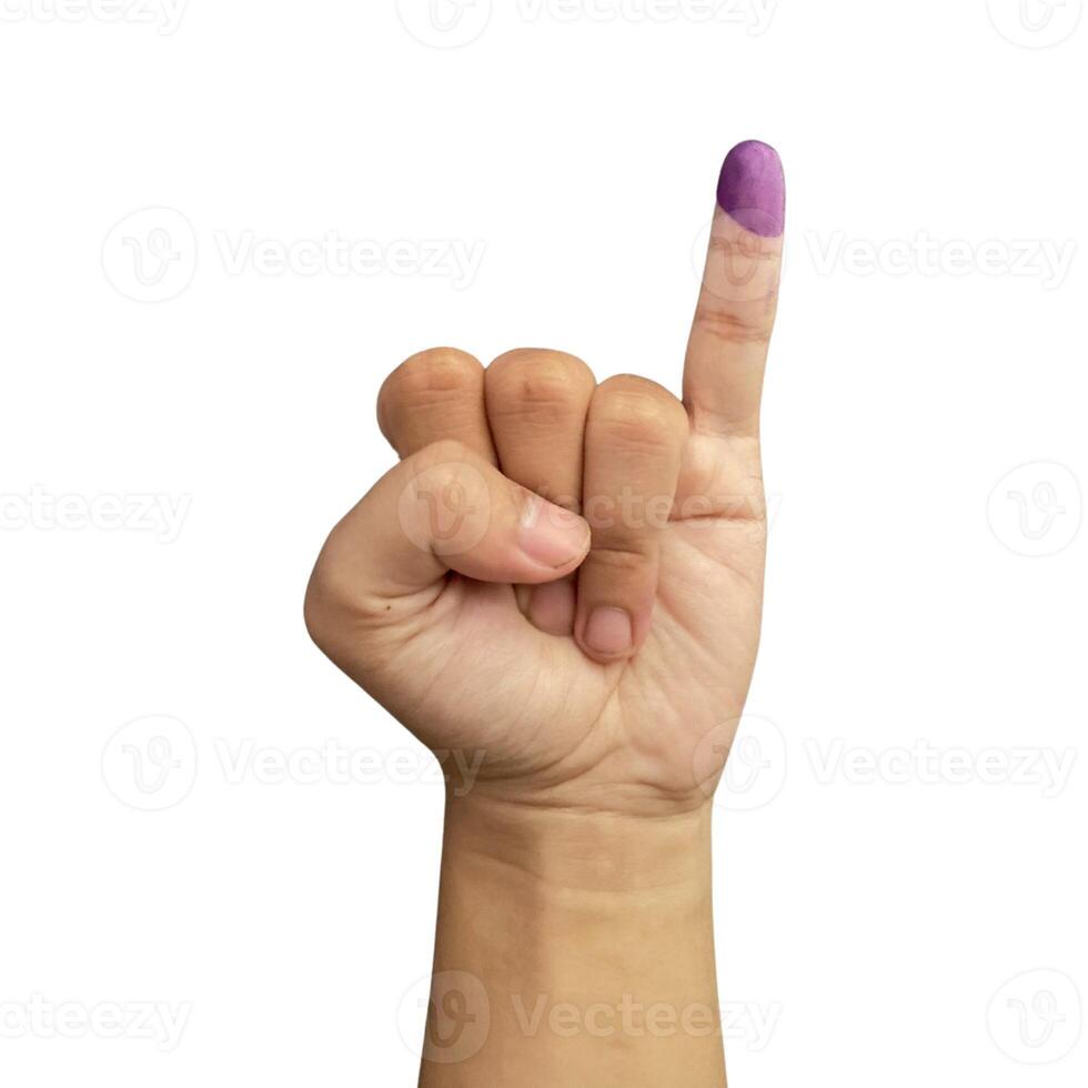 close up hand gesture showed ink for Indonesian Election Day or Pemilu, Jari Tinta Isolated photo