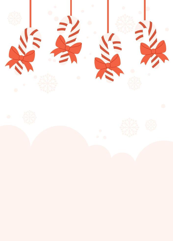 Festive Poster template featuring hanging striped candy canes with red bows, snowflakes, and a soft peach background with blank space. vector