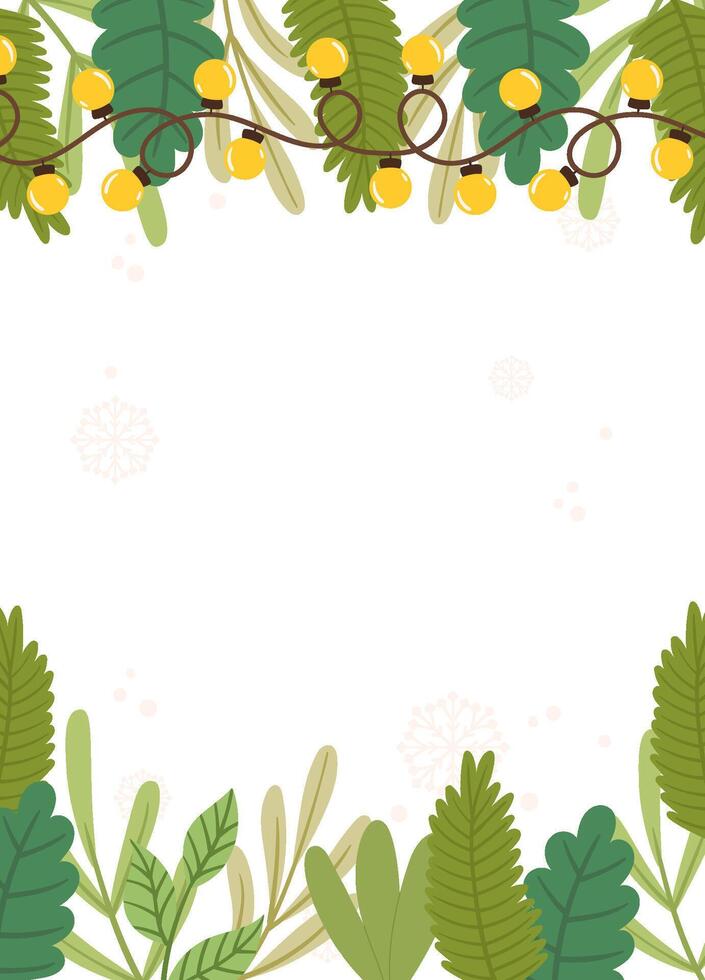 Festive Poster template featuring yellow string lights, greenery, and snowflakes framing a blank space on a peach background. vector