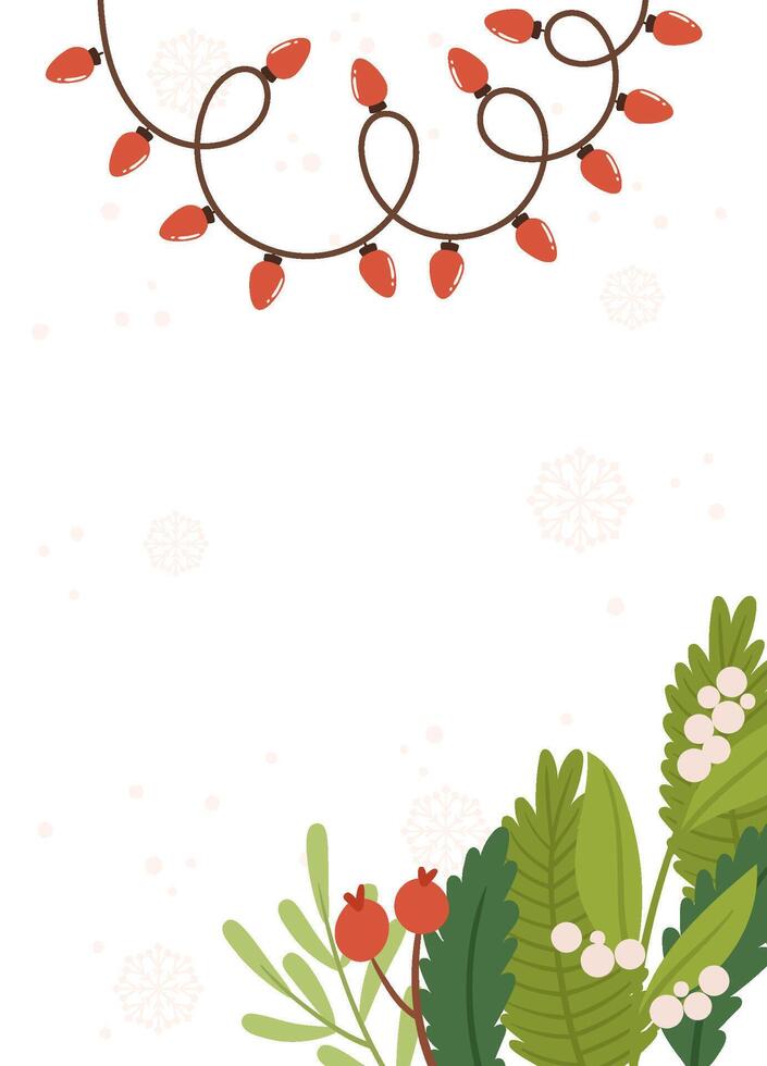 Festive Poster template featuring red string lights, greenery, berries, and snowflakes on a peach background with blank space vector