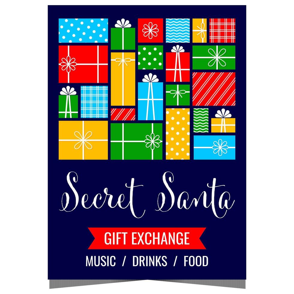 Christmas Secret Santa party and gift exchange invitation banner or poster with various present boxes on background. Ready for web or print publishing illustration. vector