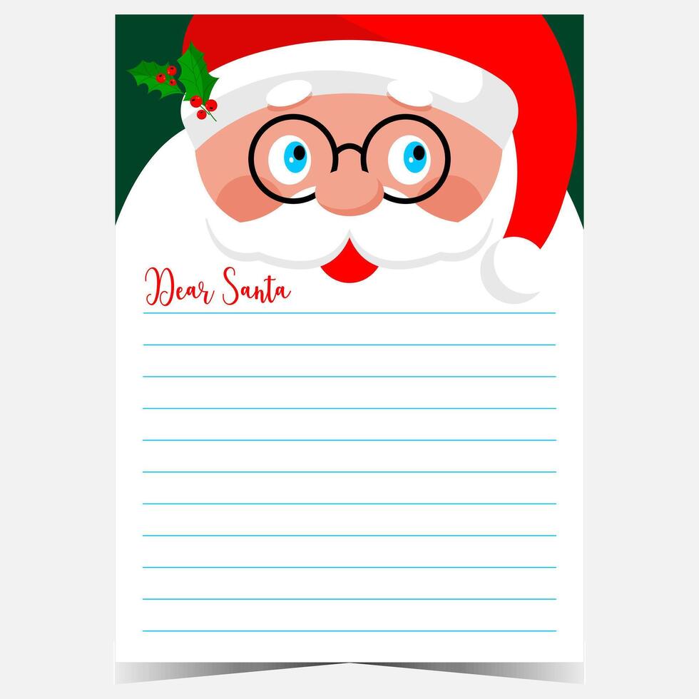Christmas letter template with cute Santa character with his long beard and empty lines to fill out by kids with wish list or congratulation message during Christmas and New Year. vector