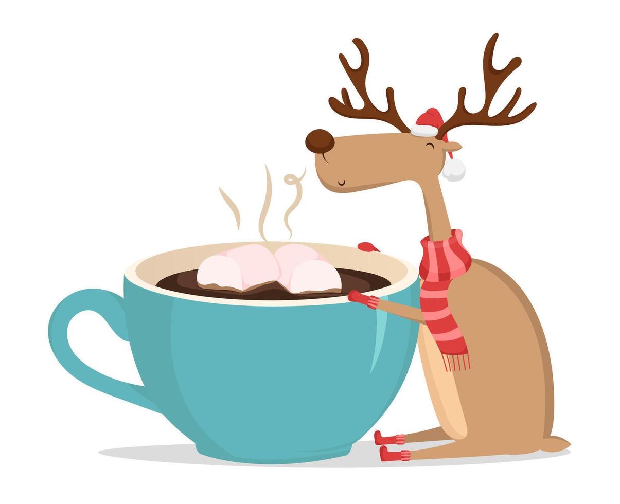 Funny cute Reindeer with cup of coffee isolated on white background. Merry Christmas and Happy New Year vector