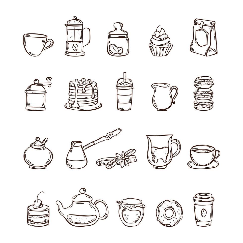 hand drawn icon set coffee and tea vector