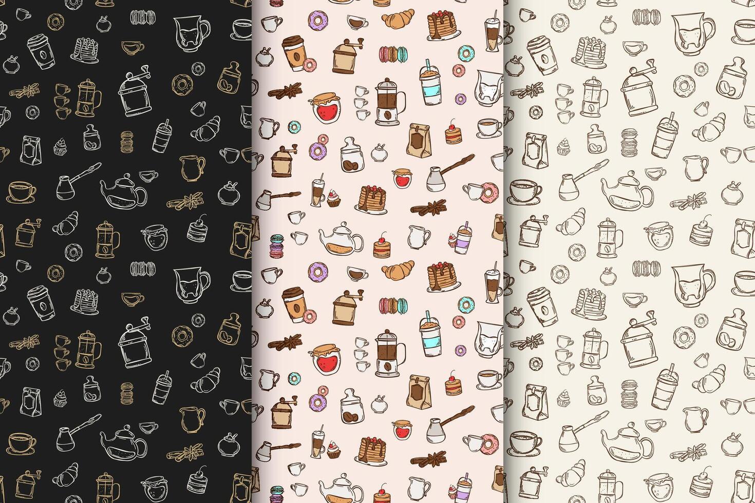 set of color and black pattern with hand drawn doodle desserts and coffee, tea vector