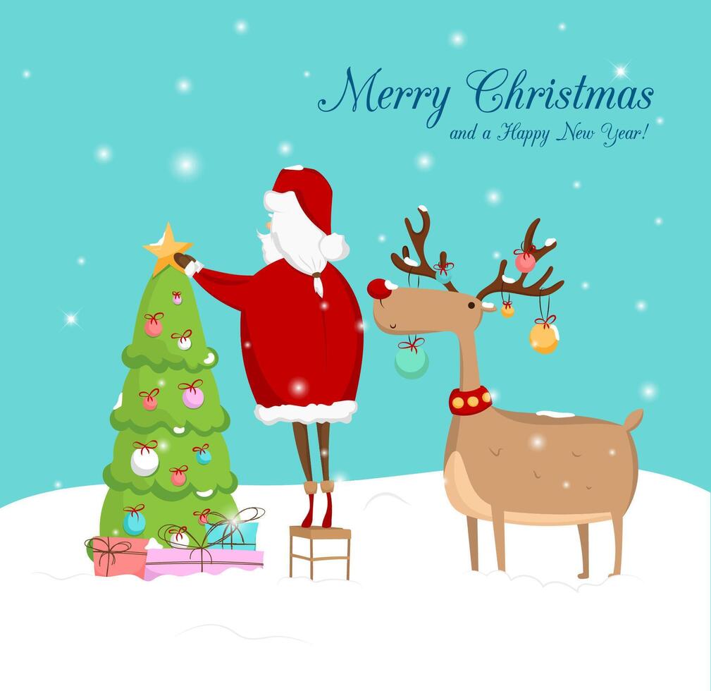 Greeting card. Reindeer and Santa Claus near the christmas tree vector