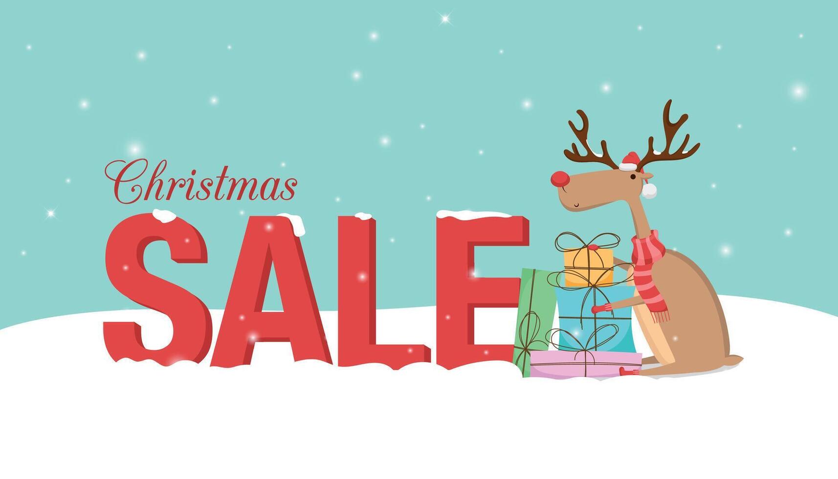 Banner with Reindeer and text sale on the snow. Merry Christmas and Happy New Year vector