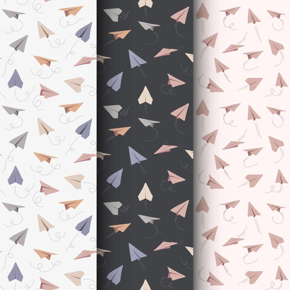 Seamless patterns with hand drawn paper airplanes. Symbol of travel and route vector