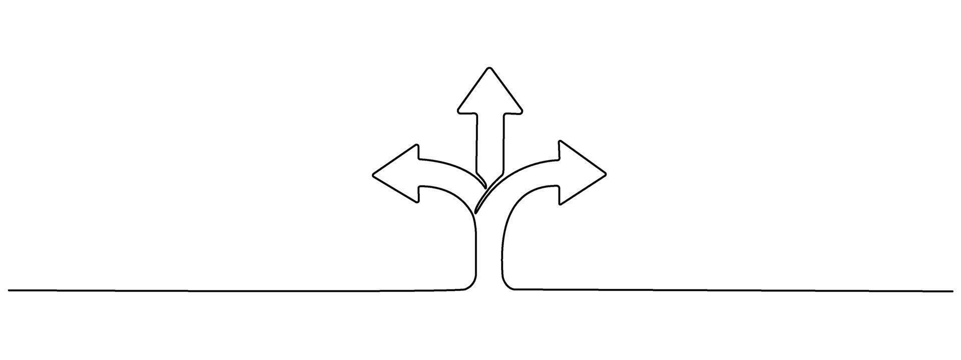 Drawing Arrows in three directions in one continuous line. Concept of choice, option, path, opportunity, road. editable outline. vector