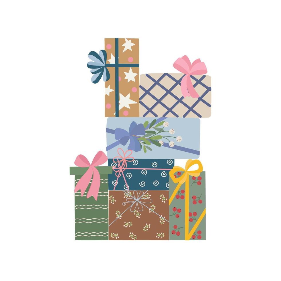 A festive heap of beautifully wrapped presents with decorative bows, creating a joyful holiday atmosphere for seasonal projects vector
