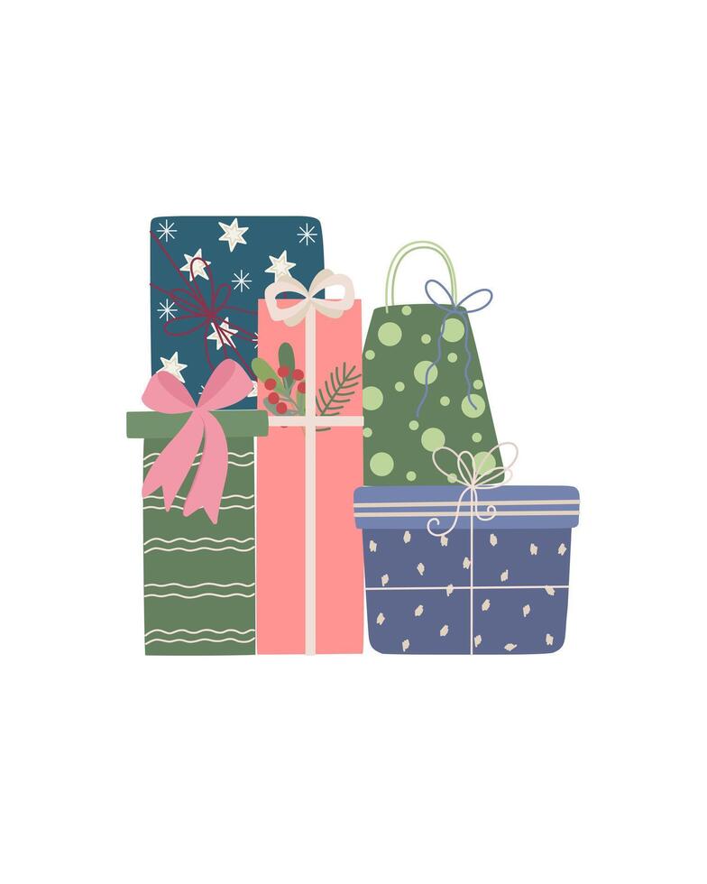 A charming pile of Christmas gift boxes with colorful ribbons and festive wrapping, embodying the spirit of holiday giving vector