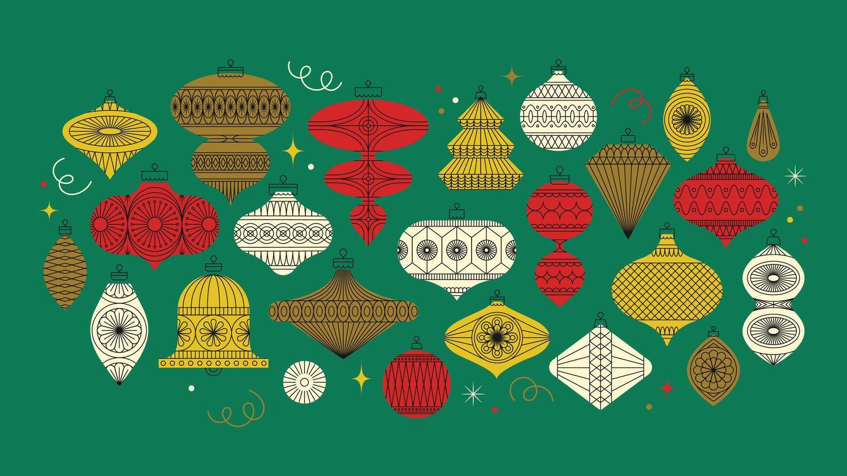Retro Christmas ornaments bells with elegant patterns. Perfect for festive decor, seasonal designs, and holiday cheer. Happy New Year decorations set vector