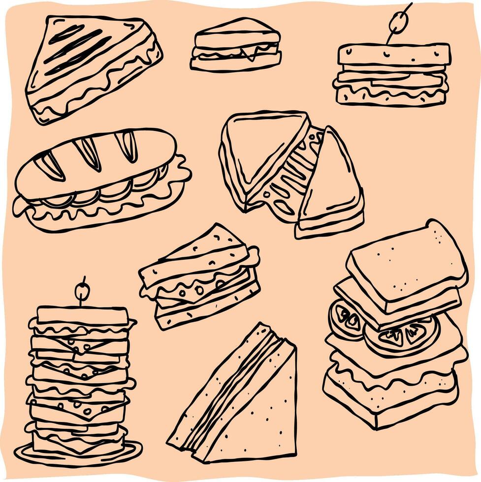 Set of Sandwiches Doodle style illustrations, simple food illustrations vector