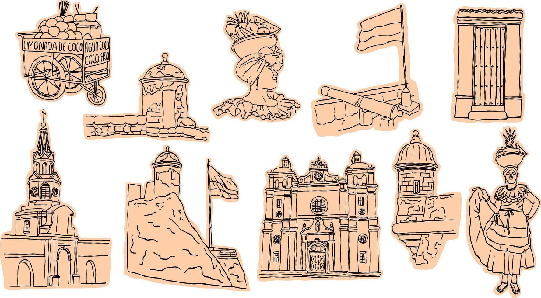 Cartagena de Indias doodle style illustrations, sketch style line art vector