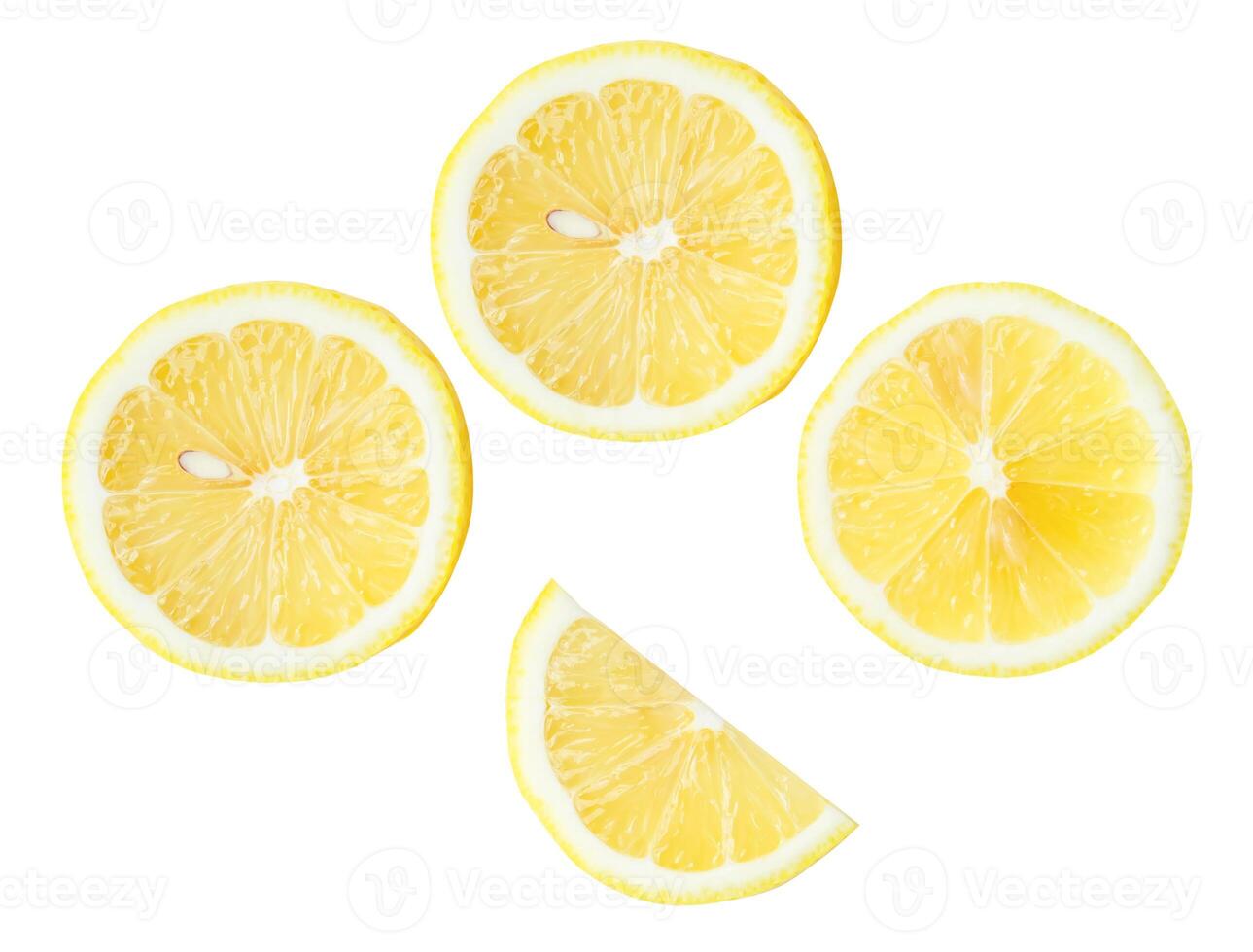 Top view set of fresh yellow lemon fruit in halves and slices or quarter scattering isolated on white background with clipping path photo