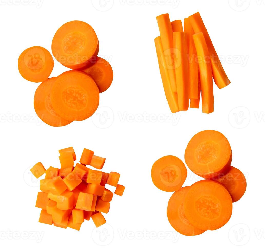 Top view set of orange carrot slices or pieces in circle stick and cube shapes in stacks isolated on white background with clipping path photo