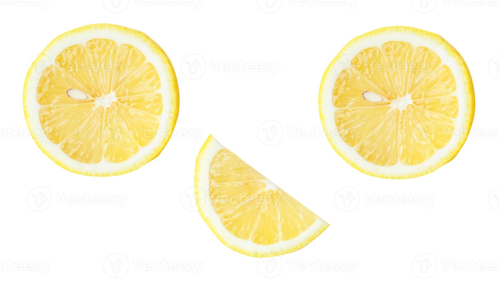 Top view set of fresh yellow lemon fruit in halves and slices or quarter scattering isolated on white background with clipping path photo