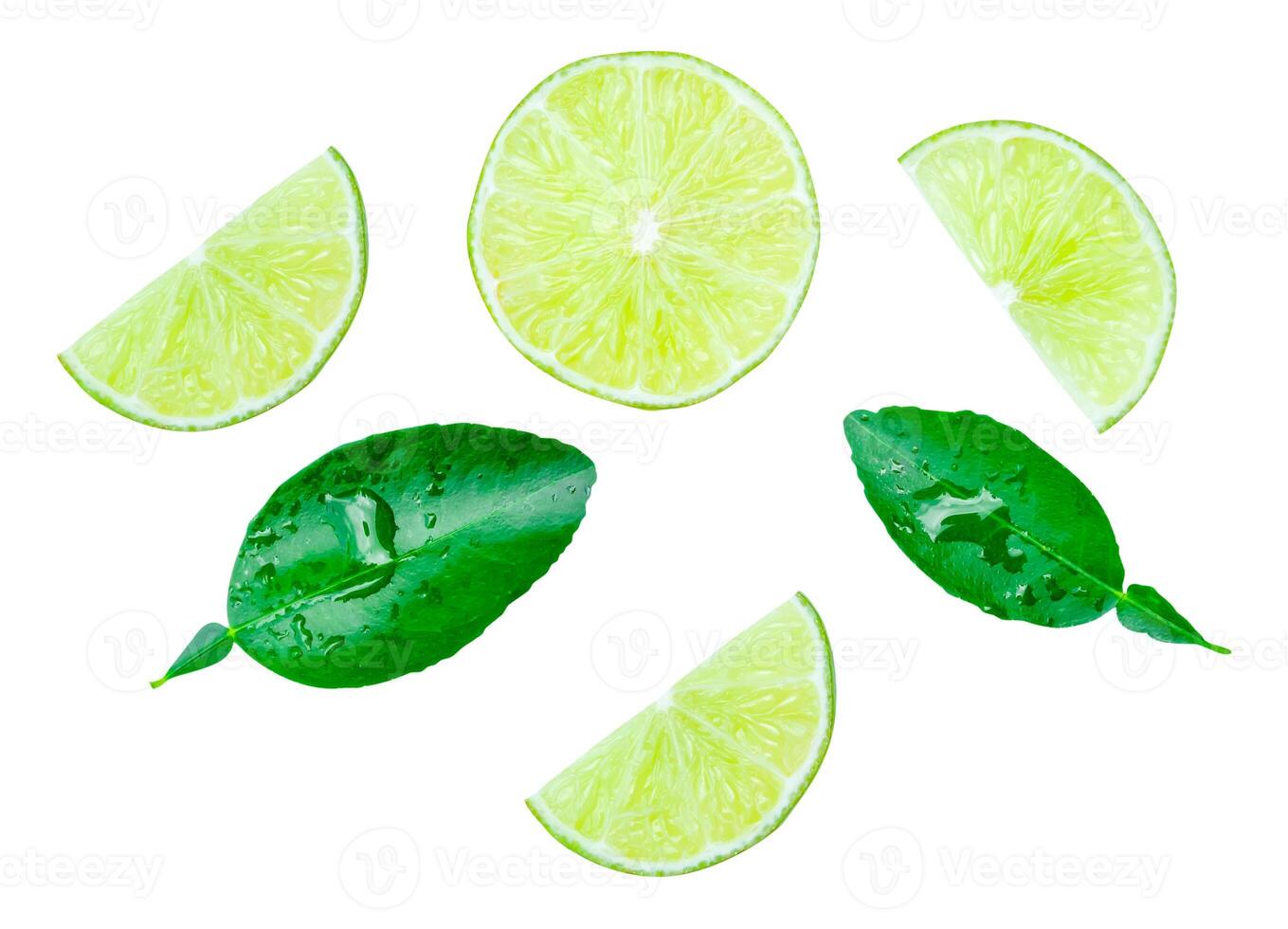 Top view set of fresh green lemon fruit in half and slices or quarters with green leaves isolated on white background with clipping path photo