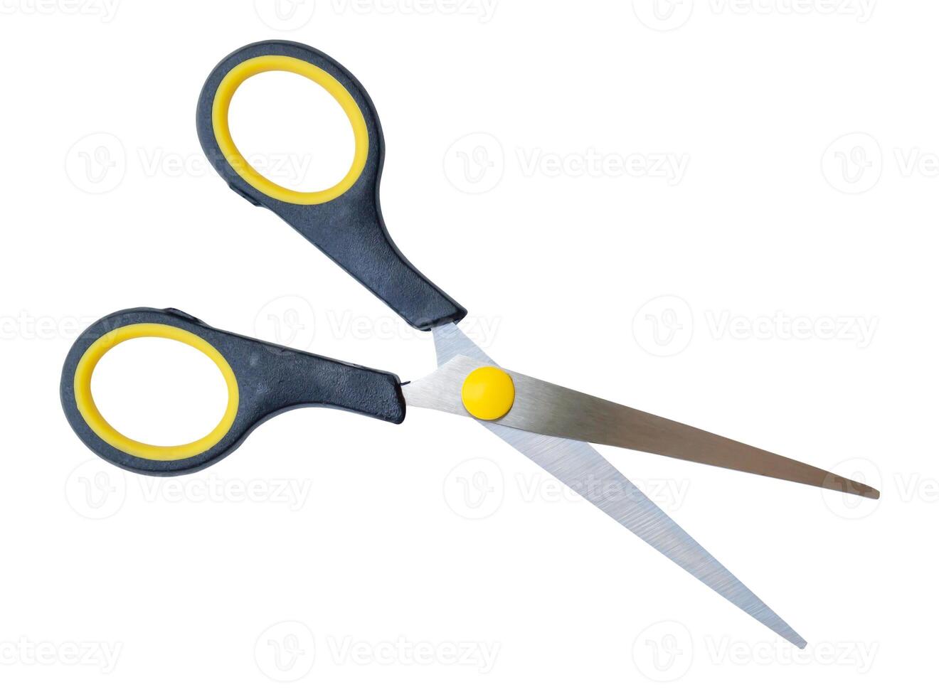 Top view of a pair of small multipurpose scissors with black and yellow handle isolated on white background with clipping path photo