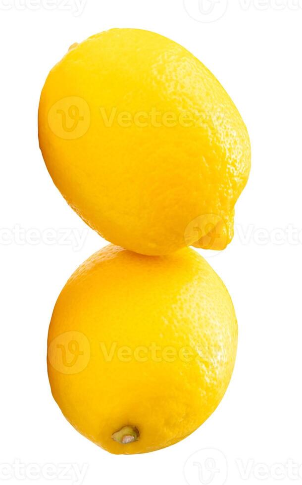 Top view of two fresh ripe yellow lemon fruit in stack isolated on white background with clipping path photo