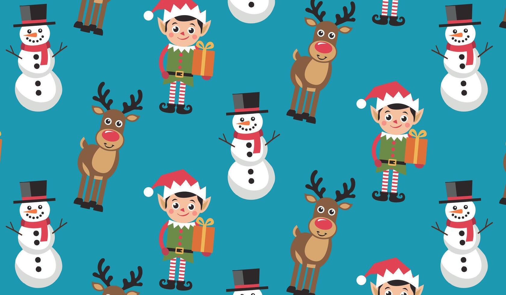 A cheerful pattern combining reindeer, Santas elves, and snowmen on a teal background for holiday designs vector
