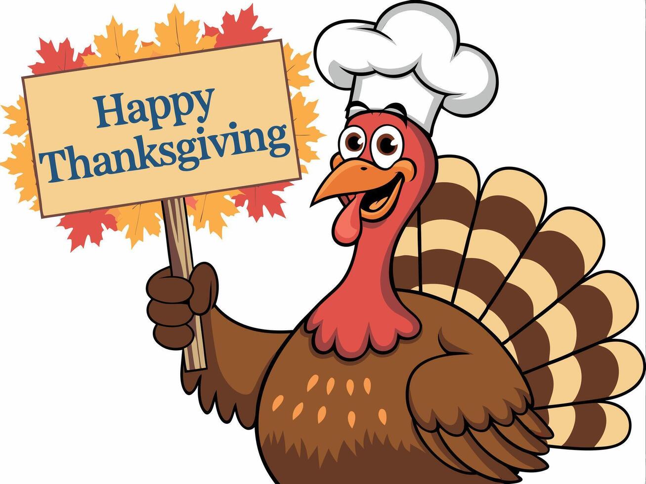 Cartoon turkey holding a Thanksgiving sign surrounded by autumn leaves vector