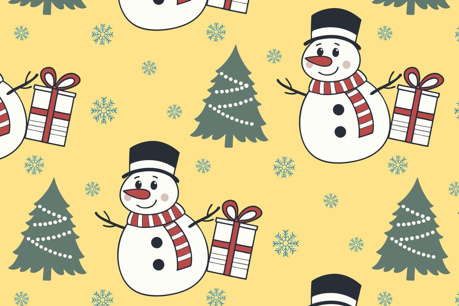 Pattern with snowmen, Christmas trees, wrapped presents, snowflakes, yellow background. Flat festive design. For holiday wrapping paper and wallpaper vector