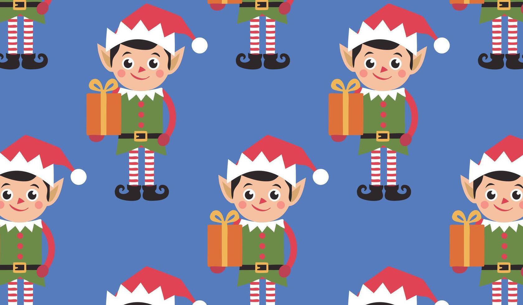 Pattern of cheerful elves in Santa hats holding gifts on a blue background, ideal for festive themes vector