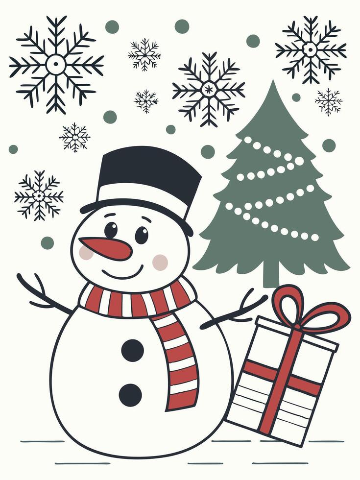 Smiling snowman with a red scarf and top hat holding a wrapped present, Christmas tree with snowflakes in the background. Flat winter illustration. For Christmas cards and festive prints vector