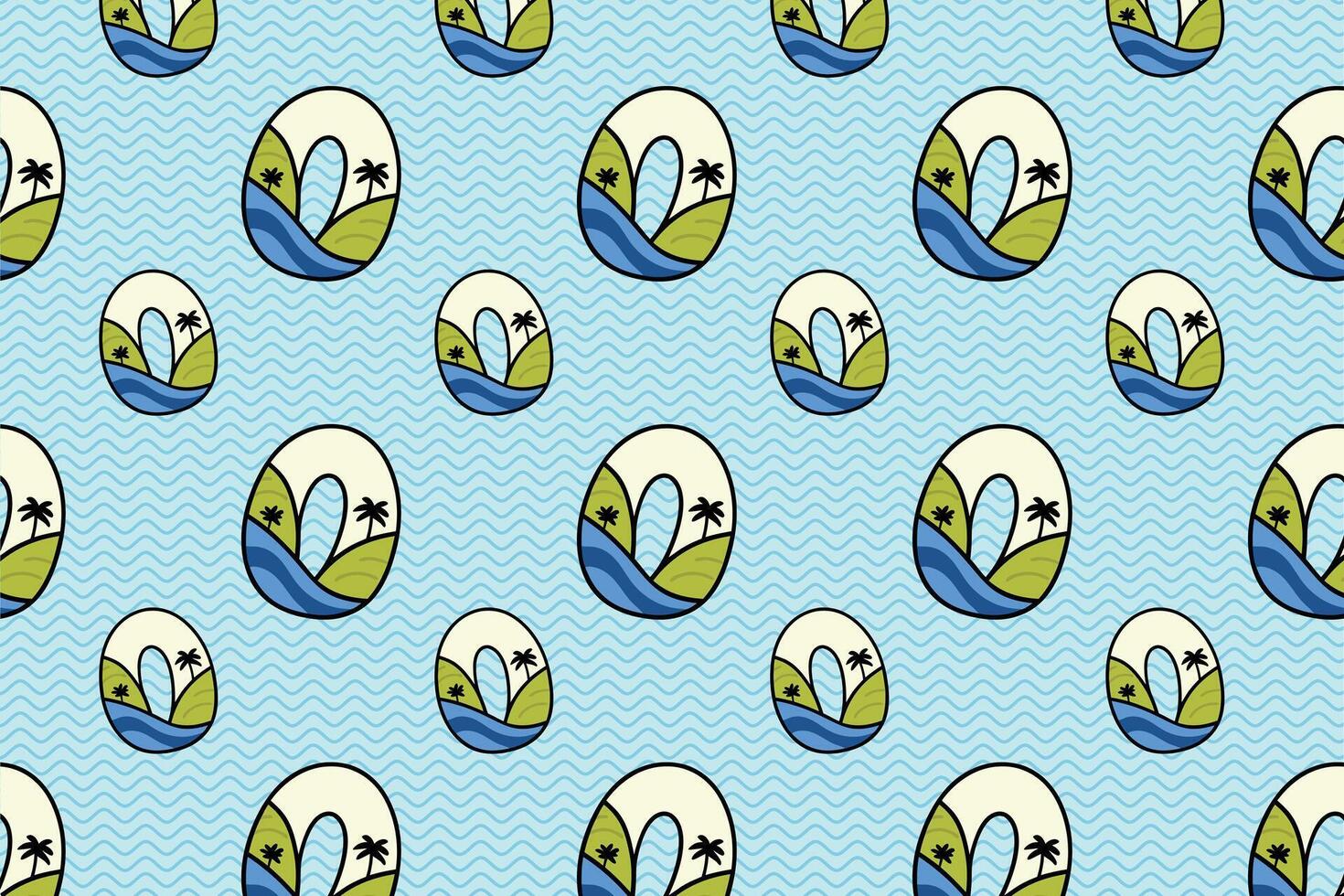 A tropical-themed pattern, palm trees over a wave background vector