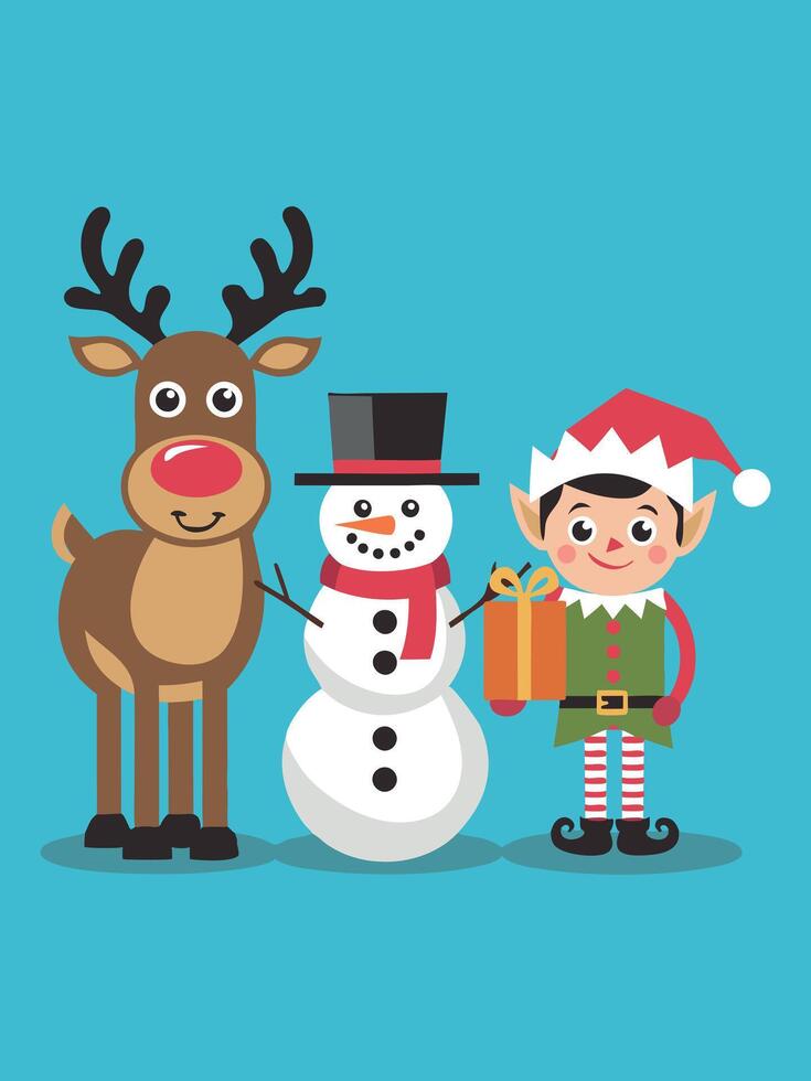 A cheerful trio of a reindeer, snowman, and Santa's elf with gifts on a bright blue background vector