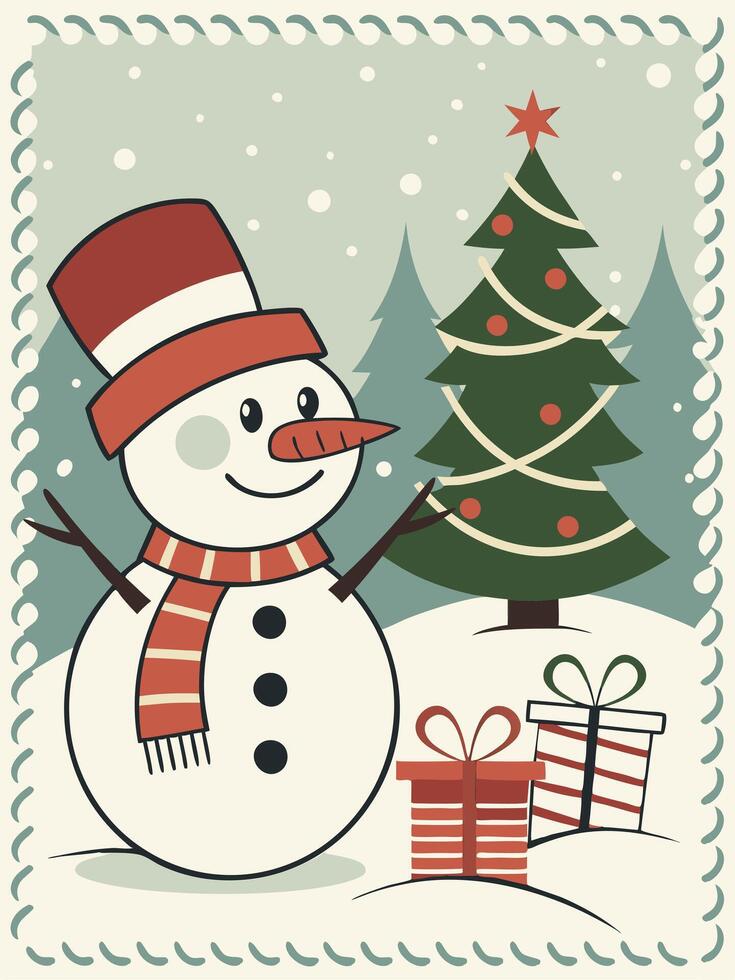 Smiling snowman in a red hat and scarf, decorated Christmas tree with wrapped presents, framed with a decorative border, snowy background. Flat vintage-style vector