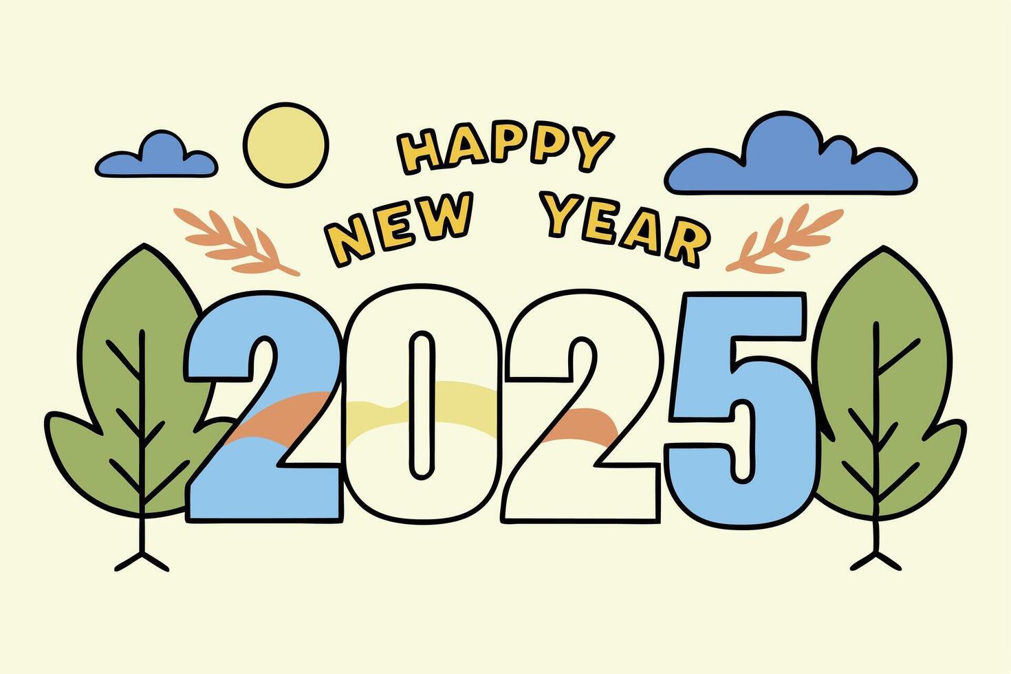 A vibrant Happy New Year 2025 design with clouds, trees, and a bright sun in a nature-inspired theme vector